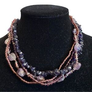 Vintage Purple Genuine Amethyst Gemstones Beads Multi-Strand Statement Necklace